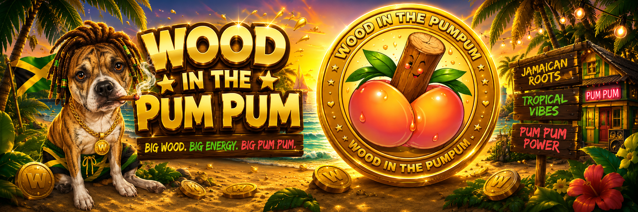 Di $PUMPUM banner — rasta dog pon a Jamaica beach wid di gold coin, palm tree an neon Pum Pum shack